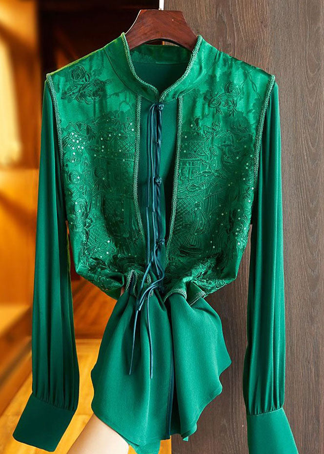 Chic Green Tasseled Jacquard Patchwork Silk Shirt Top Spring LY1701