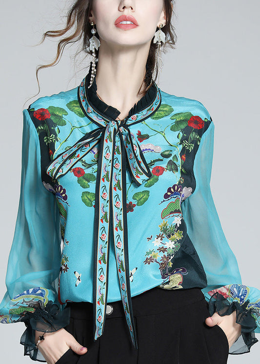 Chic Indigo Stand Collar Print Tie Waist Silk Shirt Long Sleeve LY1039