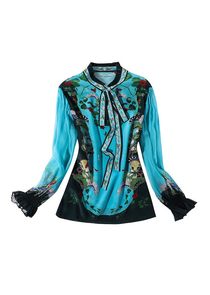 Chic Indigo Stand Collar Print Tie Waist Silk Shirt Long Sleeve LY1039