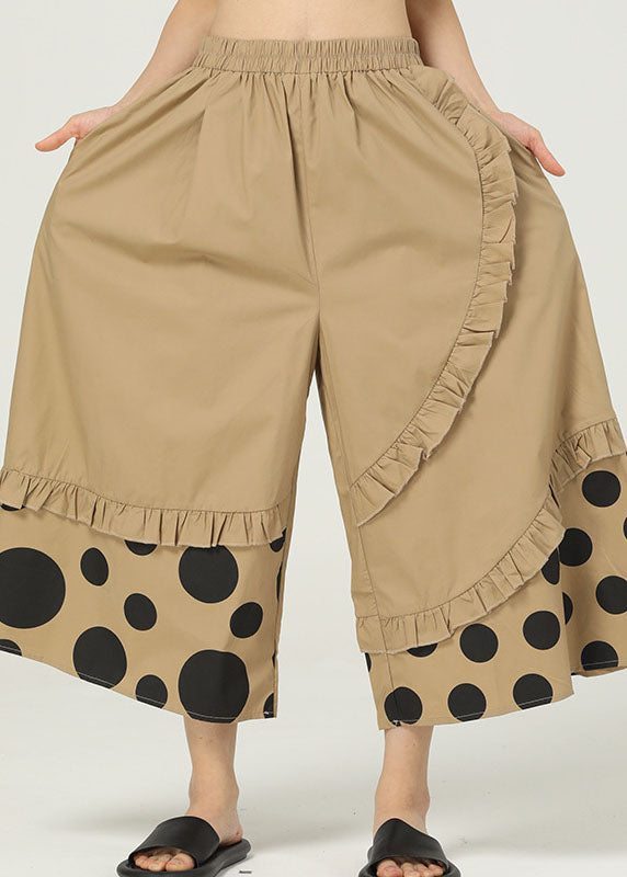 Chic Khaki Ruffled Pockets Print Cotton Wide Leg Pants Summer LY1227