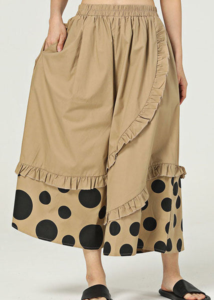 Chic Khaki Ruffled Pockets Print Cotton Wide Leg Pants Summer LY1227