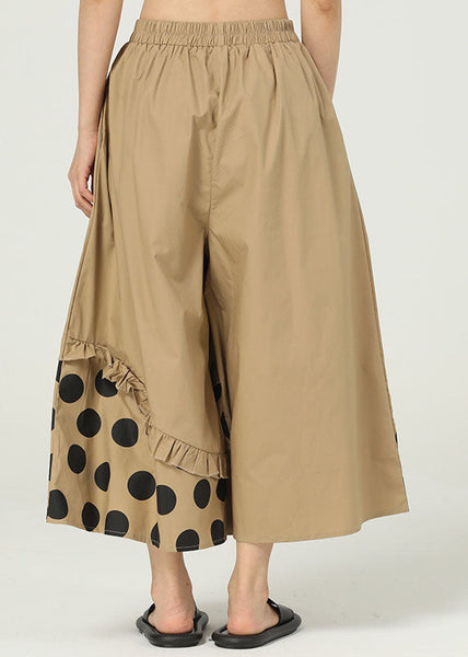 Chic Khaki Ruffled Pockets Print Cotton Wide Leg Pants Summer LY1227