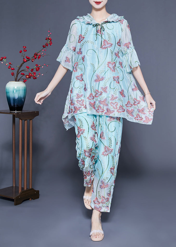 Chic Light Blue Hooded Ruffled Embroideried Silk Two Pieces Set Flare Sleeve LY1135