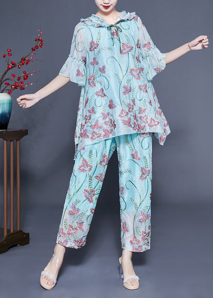 Chic Light Blue Hooded Ruffled Embroideried Silk Two Pieces Set Flare Sleeve LY1135