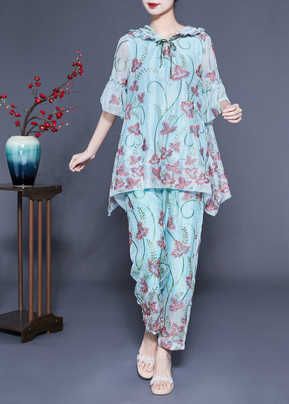 Chic Light Blue Hooded Ruffled Embroideried Silk Two Pieces Set Flare Sleeve LC0405