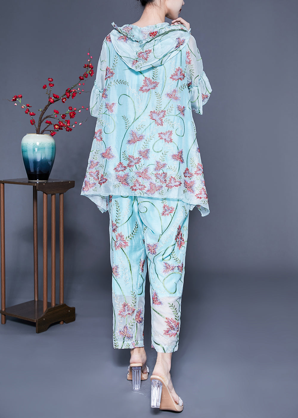 Chic Light Blue Hooded Ruffled Embroideried Silk Two Pieces Set Flare Sleeve LC0405