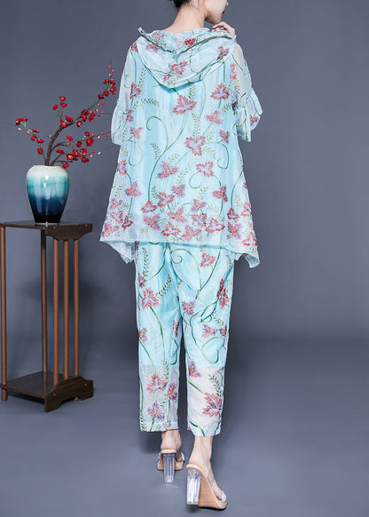 Chic Light Blue Hooded Ruffled Embroideried Silk Two Pieces Set Flare Sleeve LY1135