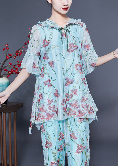 Chic Light Blue Hooded Ruffled Embroideried Silk Two Pieces Set Flare Sleeve LC0405