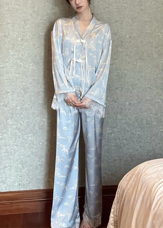Chic Light Blue V Neck Print Button Ice Silk Pajamas Two Pieces Set Long Sleeve LY1871
