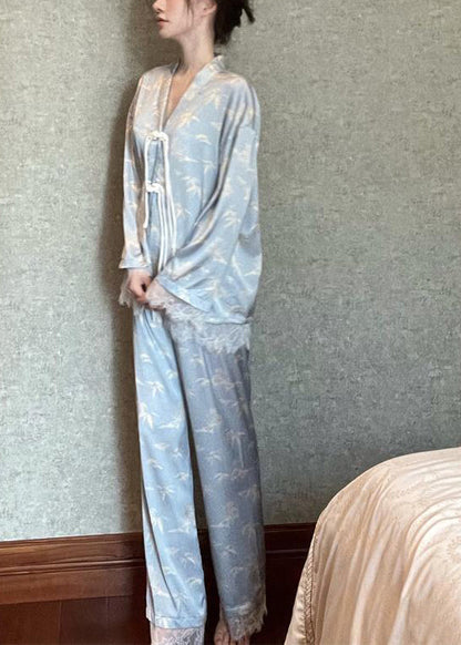 Chic Light Blue V Neck Print Button Ice Silk Pajamas Two Pieces Set Long Sleeve LY1871