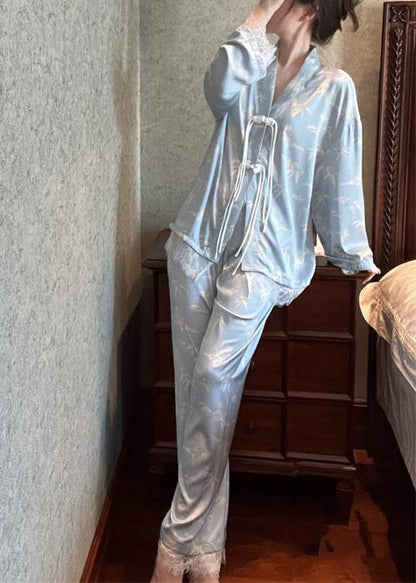 Chic Light Blue V Neck Print Button Ice Silk Pajamas Two Pieces Set Long Sleeve LY1871