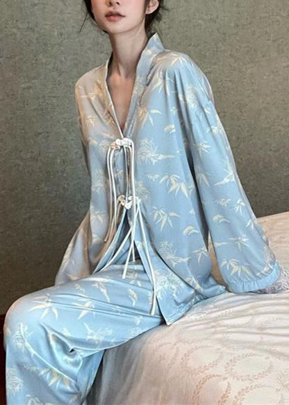 Chic Light Blue V Neck Print Button Ice Silk Pajamas Two Pieces Set Long Sleeve LY1871