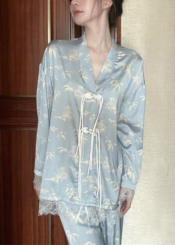 Chic Light Blue V Neck Print Button Ice Silk Pajamas Two Pieces Set Long Sleeve LY1871