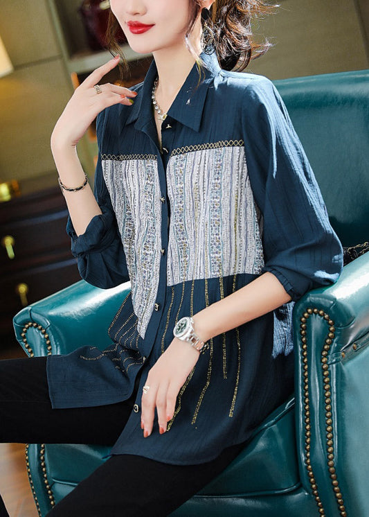 Chic Navy Peter Pan Collar Print Patchwork Button T Shirts Long Sleeve LY1515