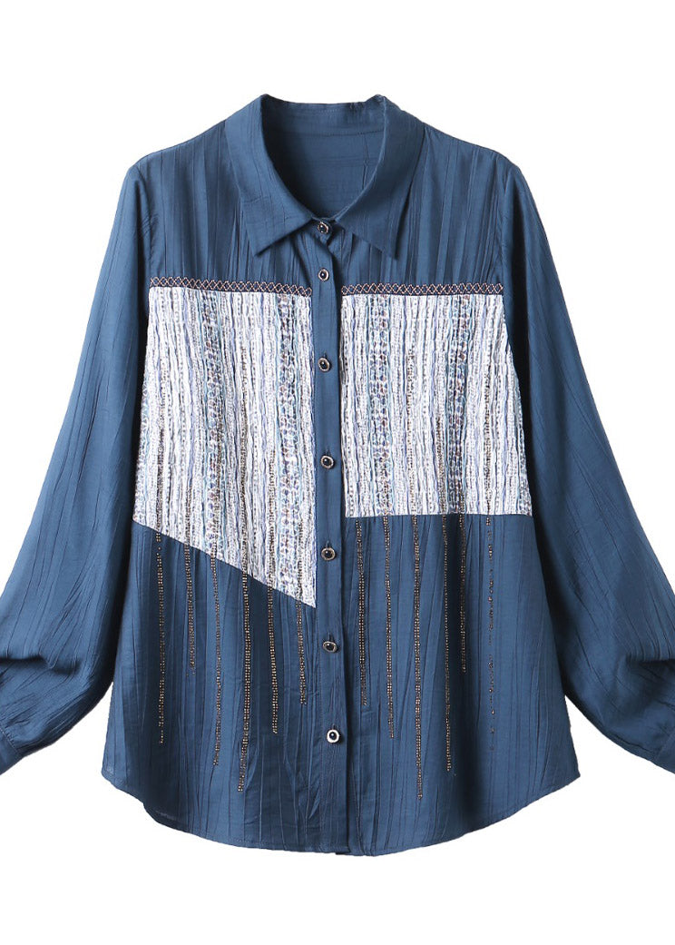 Chic Navy Peter Pan Collar Print Patchwork Button T Shirts Long Sleeve LY1515