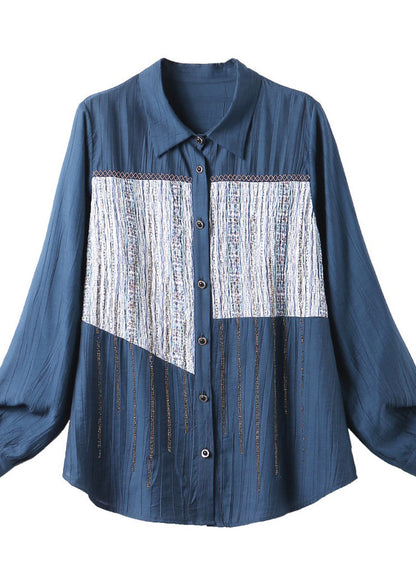 Chic Navy Peter Pan Collar Print Patchwork Button T Shirts Long Sleeve LY1515