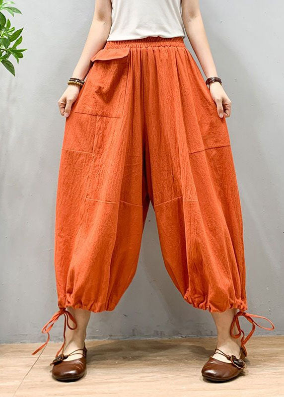 Chic Orange Wrinkled Drawstring Patchwork Linen Lantern Pants Summer LY0587