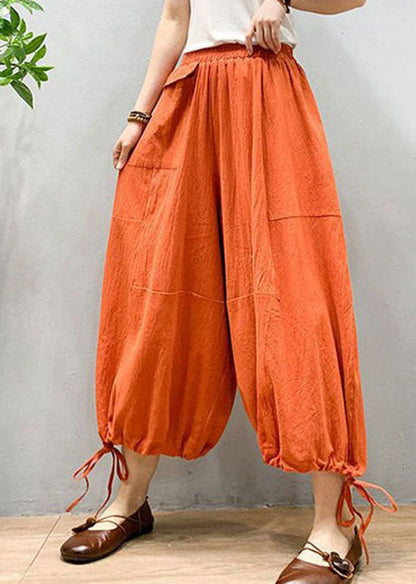 Chic Orange Wrinkled Drawstring Patchwork Linen Lantern Pants Summer LY0587