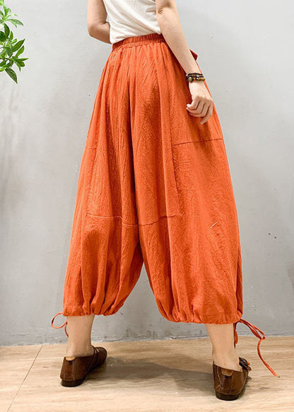 Chic Orange Wrinkled Drawstring Patchwork Linen Lantern Pants Summer LY0587