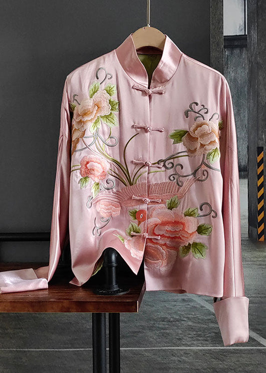 Chic Pink Embroideried Chinese Button Patchwork Silk Coat Spring LY0986