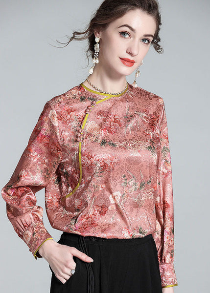 Chic Pink O Neck Jacquard Chinese Button Patchwork Silk Shirt  Spring LY0984