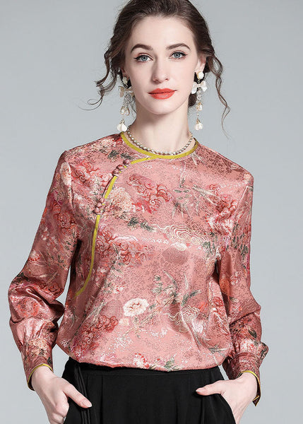 Chic Pink O Neck Jacquard Chinese Button Patchwork Silk Shirt  Spring LY0984