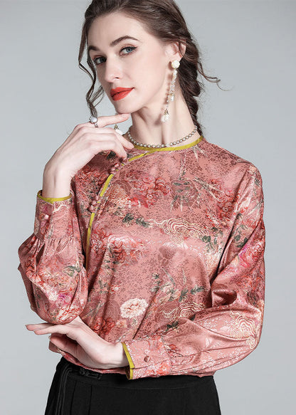 Chic Pink O Neck Jacquard Chinese Button Patchwork Silk Shirt  Spring LY0984