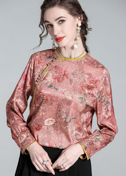 Chic Pink O Neck Jacquard Chinese Button Patchwork Silk Shirt  Spring LY0984