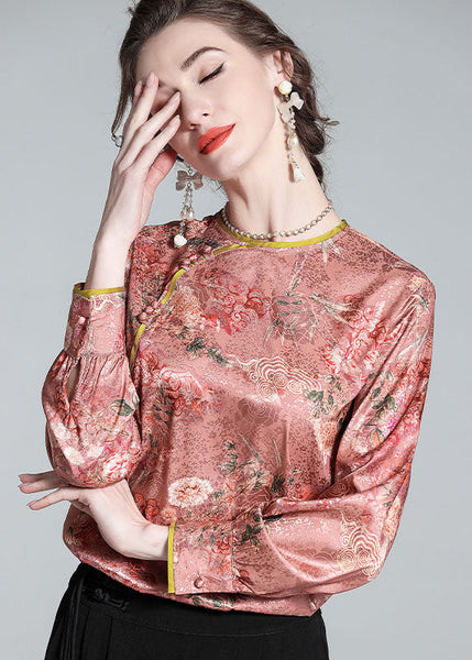 Chic Pink O Neck Jacquard Chinese Button Patchwork Silk Shirt  Spring LY0984