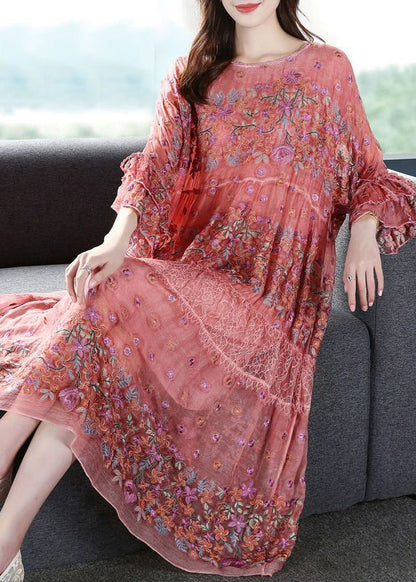 Chic Pink O-Neck Oversized Embroideried Silk Dresses Flare Sleeve LY0683