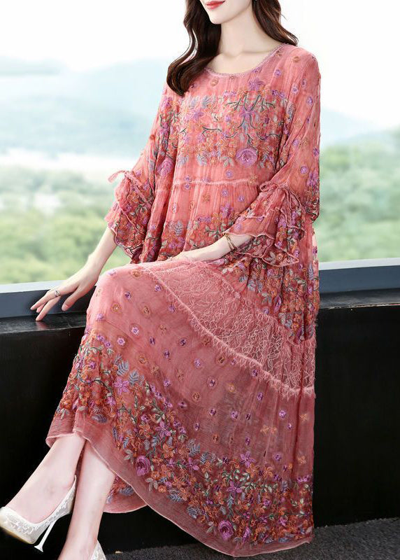 Chic Pink O-Neck Oversized Embroideried Silk Dresses Flare Sleeve LY0683