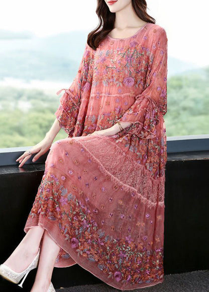 Chic Pink O-Neck Oversized Embroideried Silk Dresses Flare Sleeve LY0683