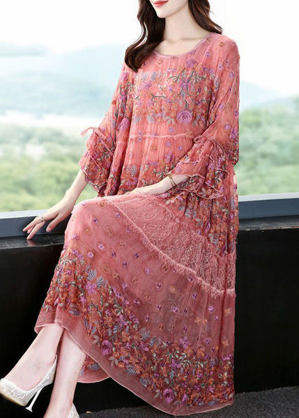 Chic Pink O-Neck Oversized Embroideried Silk Dresses Flare Sleeve AC3056