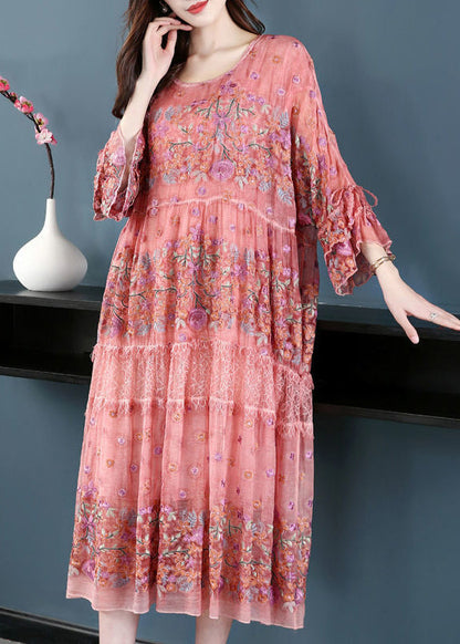 Chic Pink O-Neck Oversized Embroideried Silk Dresses Flare Sleeve LY0683