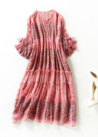 Chic Pink O-Neck Oversized Embroideried Silk Dresses Flare Sleeve LY0683