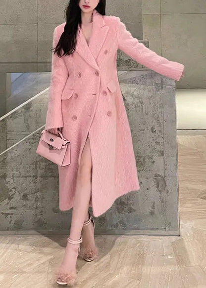 Chic Pink Peter Pan Collar Double Breast Patchwork Woolen Coat Winter Ada Fashion