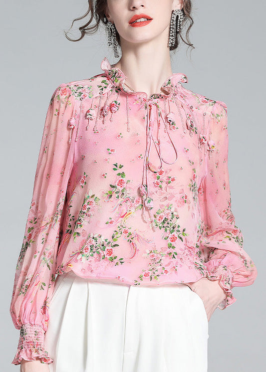 Chic Pink Ruffled Print Tassel Neck TIie Silk Shirt Long Sleeve LY0722