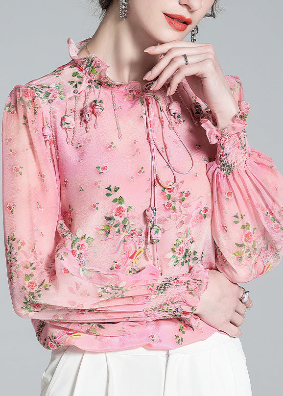 Chic Pink Ruffled Print Tassel Neck TIie Silk Shirt Long Sleeve AC3028
