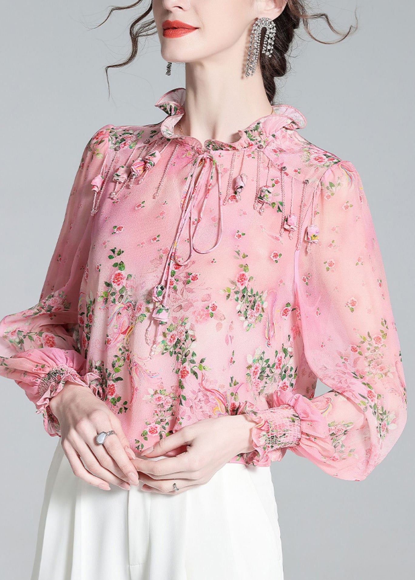 Chic Pink Ruffled Print Tassel Neck TIie Silk Shirt Long Sleeve LY0722