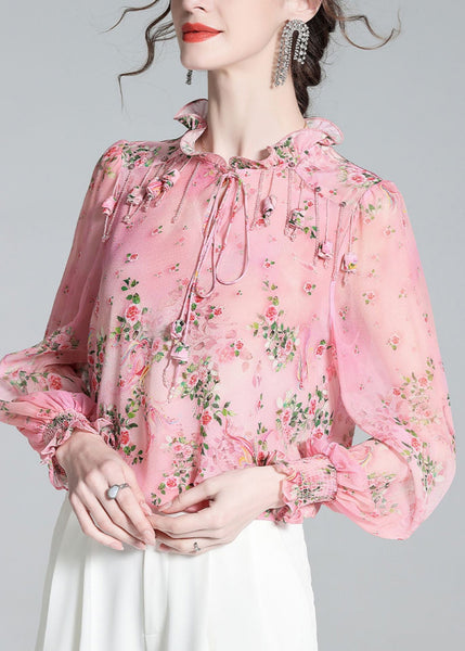 Chic Pink Ruffled Print Tassel Neck TIie Silk Shirt Long Sleeve AC3028