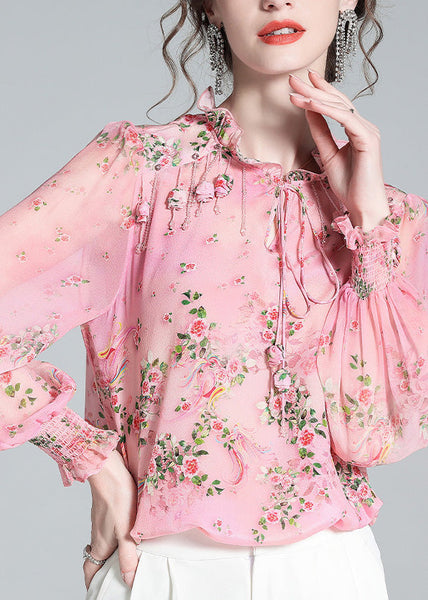 Chic Pink Ruffled Print Tassel Neck TIie Silk Shirt Long Sleeve AC3028