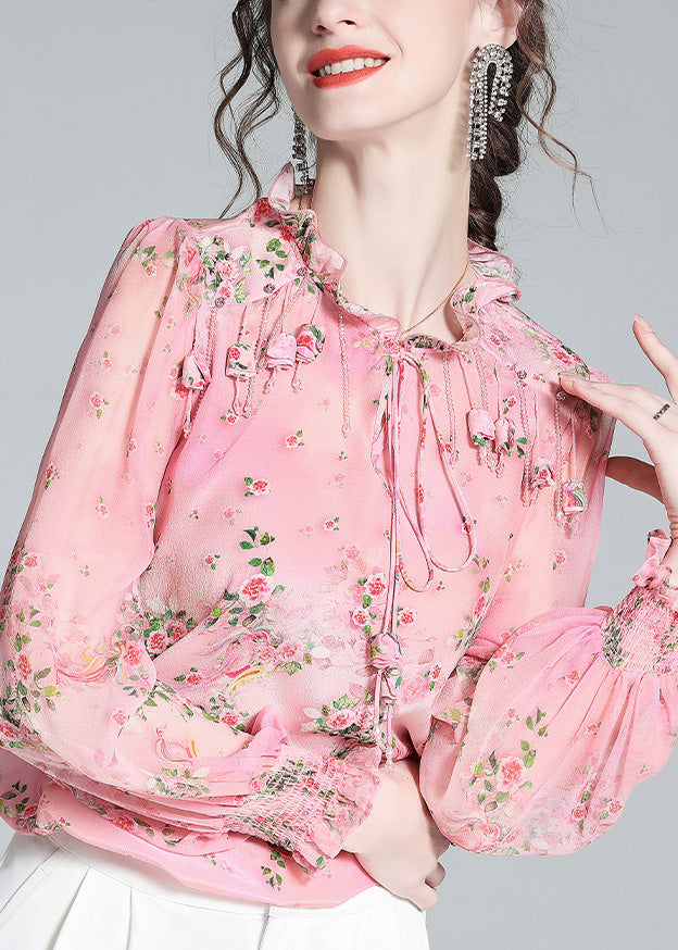 Chic Pink Ruffled Print Tassel Neck TIie Silk Shirt Long Sleeve AC3028