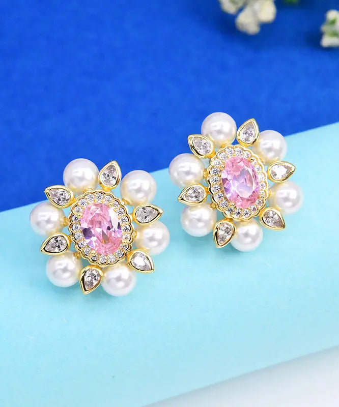 Chic Pink Sterling Silver Crystal Pearl Zircon Stud Earrings Ada Fashion