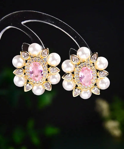 Chic Pink Sterling Silver Crystal Pearl Zircon Stud Earrings Ada Fashion