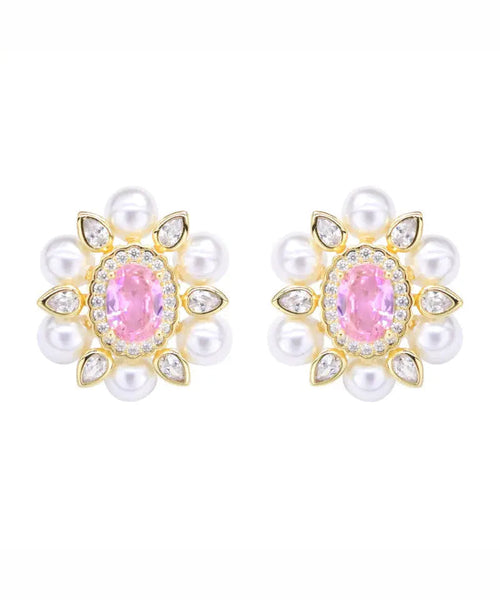Chic Pink Sterling Silver Crystal Pearl Zircon Stud Earrings Ada Fashion