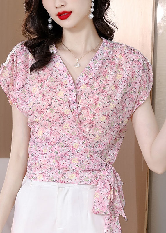 Chic Pink V Neck Print Patchwork Chiffon Top Summer LY0463