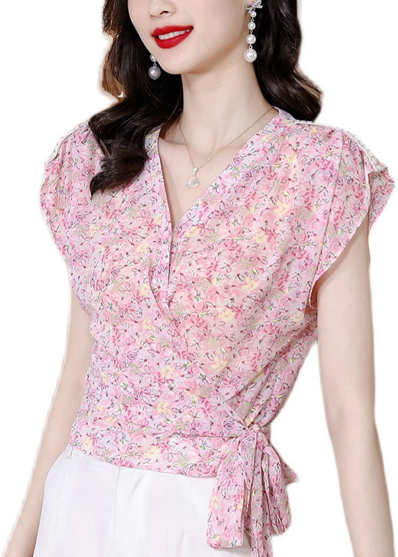 Chic Pink V Neck Print Patchwork Chiffon Top Summer LY0463