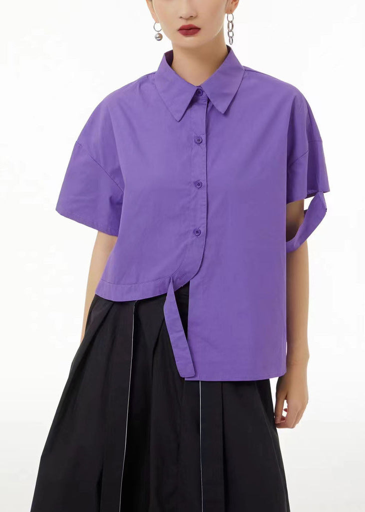 Chic Purple Asymmetrical Design Cotton Blouse Top Summer LC0153