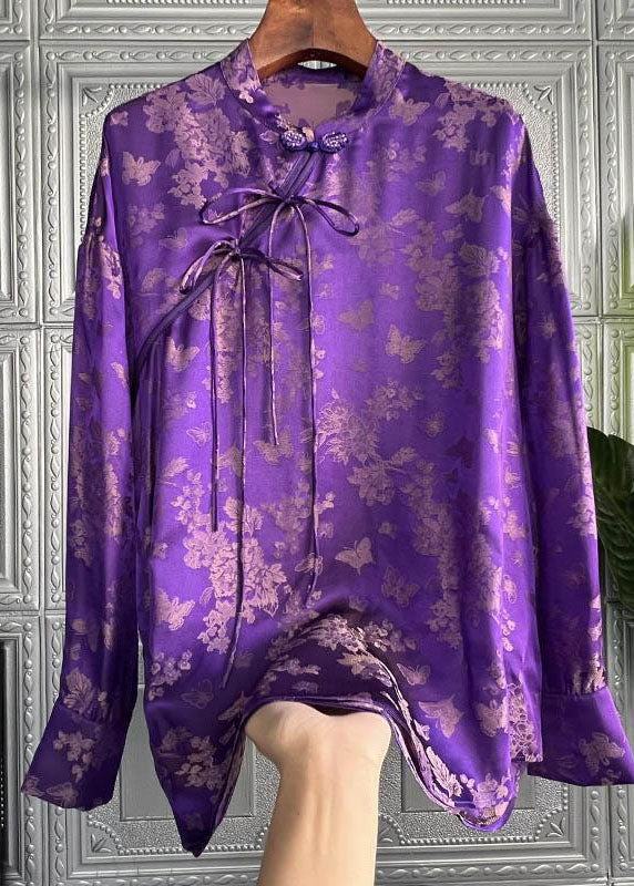 Chic Purple Stand Collar Print Lace Up Silk Shirt Top Spring F4106