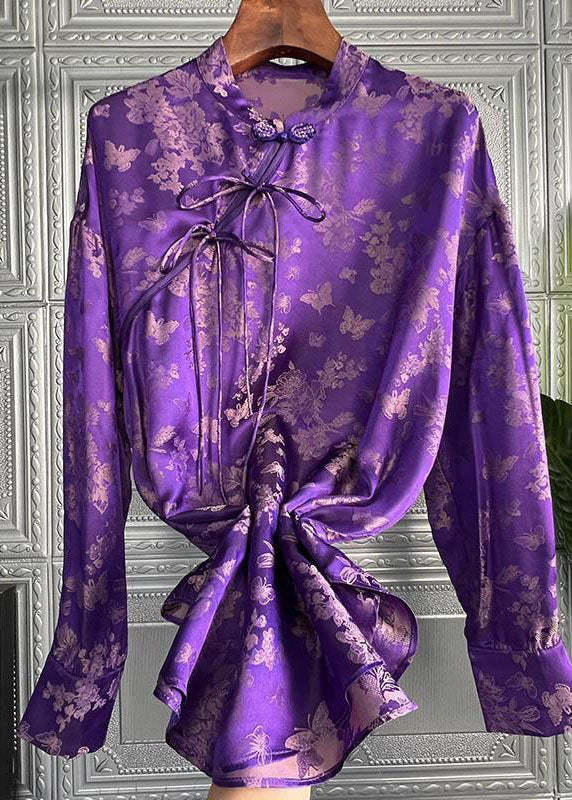 Chic Purple Stand Collar Print Lace Up Silk Shirt Top Spring F4106